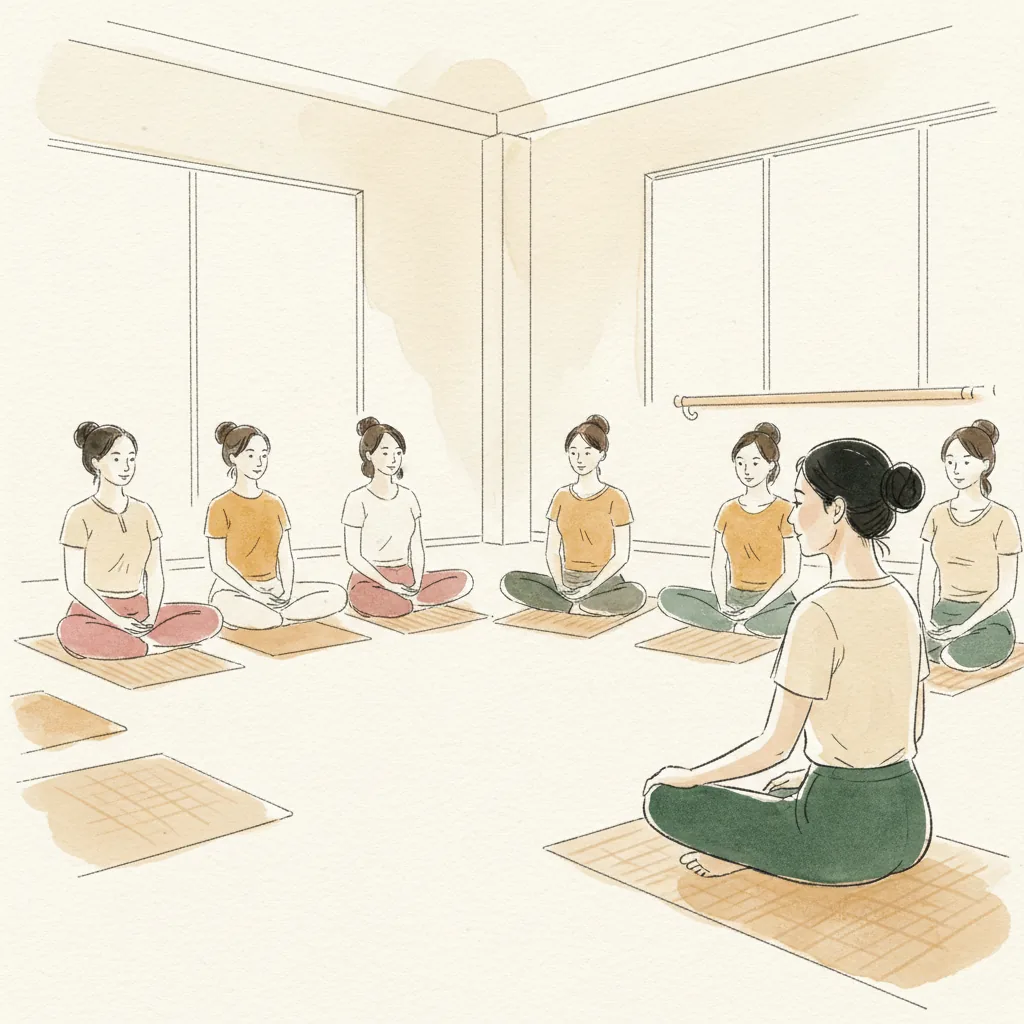 Tranh màu nước: một nhóm người ngồi xếp bằng thành vòng cung, hướng về người đứng lớp