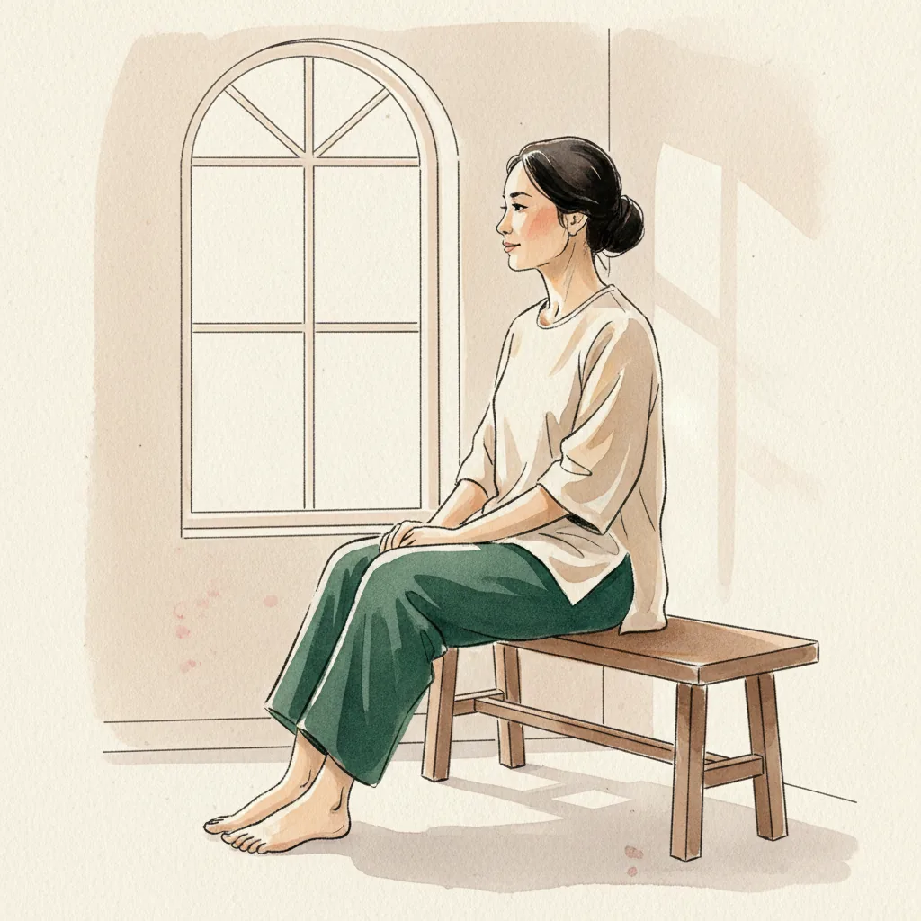 Tranh màu nước: ngồi trên ghế băng gỗ thấp cạnh cửa sổ lúc sáng sớm, hai bàn chân đặt phẳng trên sàn