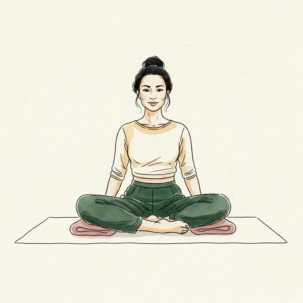 Tranh màu nước: ngồi trên thảm, hai bàn chân chạm nhau, gối mở rộng, dưới mỗi bên gối có chăn gấp