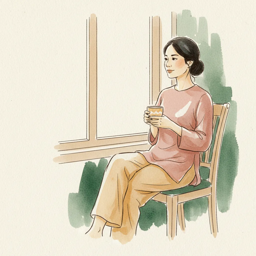 Tranh màu nước: ngồi ghế gỗ cạnh cửa sổ, hai tay cầm tách trà