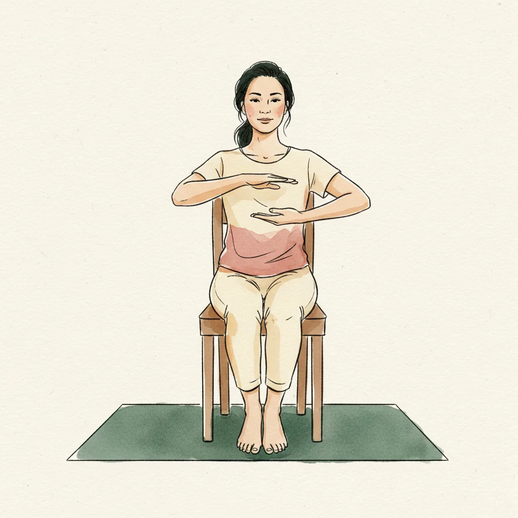 Tranh màu nước: ngồi thẳng trên ghế gỗ đặt trên thảm, hai bàn chân đặt phẳng sàn, hai tay đưa trước ngực và giữ thấp hơn vai