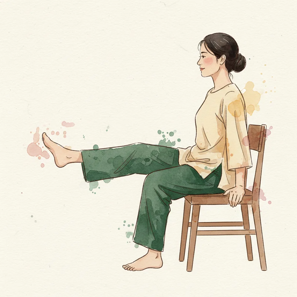 Tranh màu nước: ngồi ghế, duỗi thẳng một chân ra trước ngang gối, chân kia đặt sàn