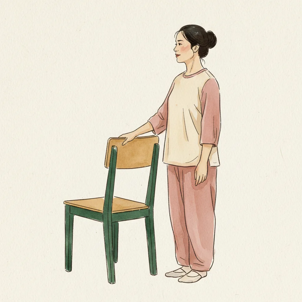 Tranh màu nước: đứng thẳng cạnh ghế gỗ, một tay đặt trên lưng ghế