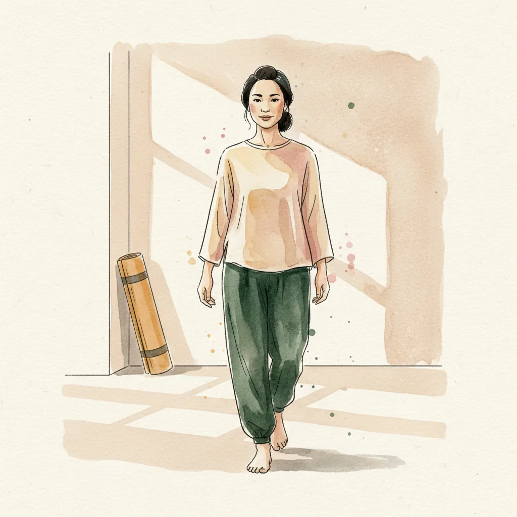 Tranh màu nước: đi bộ chậm trong phòng khách, dáng thẳng, thảm cuộn dựng ở góc tường