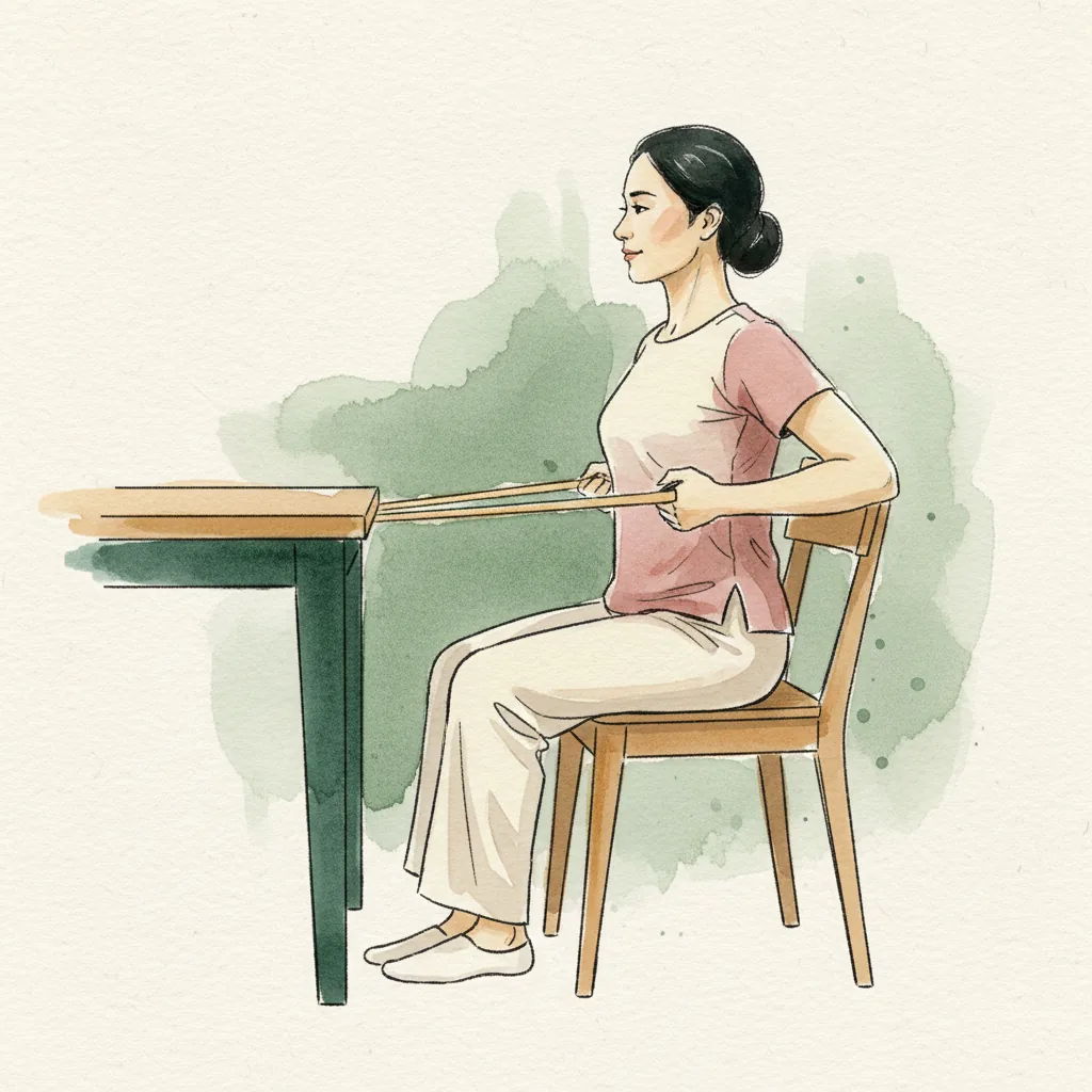 Tranh màu nước: ngồi ghế, kéo dây kháng lực về phía thân, khuỷu tay gập ra sau