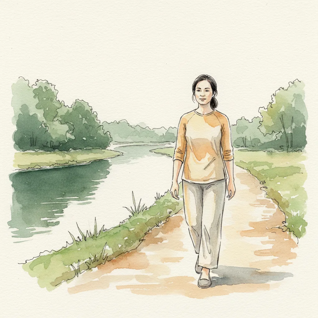 Tranh màu nước: đi bộ nhịp vừa phải trên lối ven sông buổi sáng