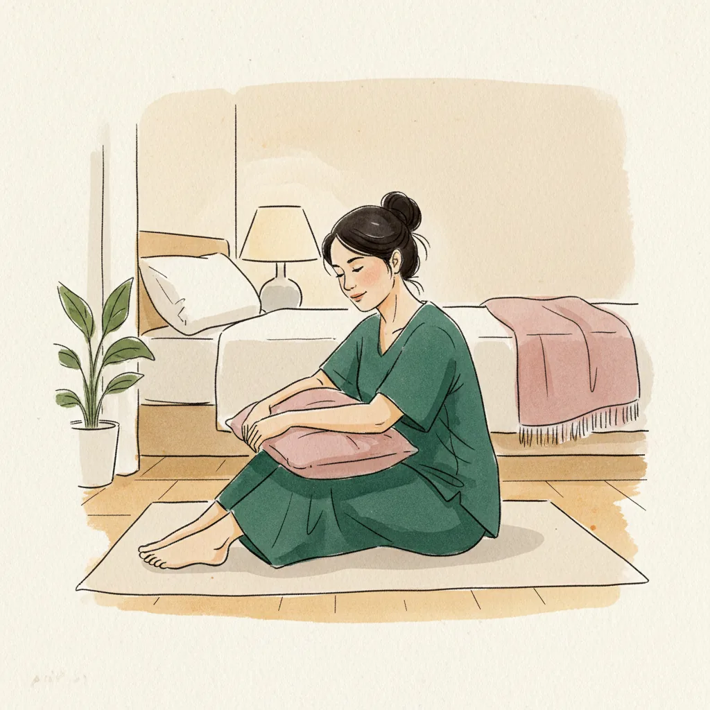 Tranh màu nước: ngồi trên thảm trong phòng ngủ, ôm chiếc gối trước người