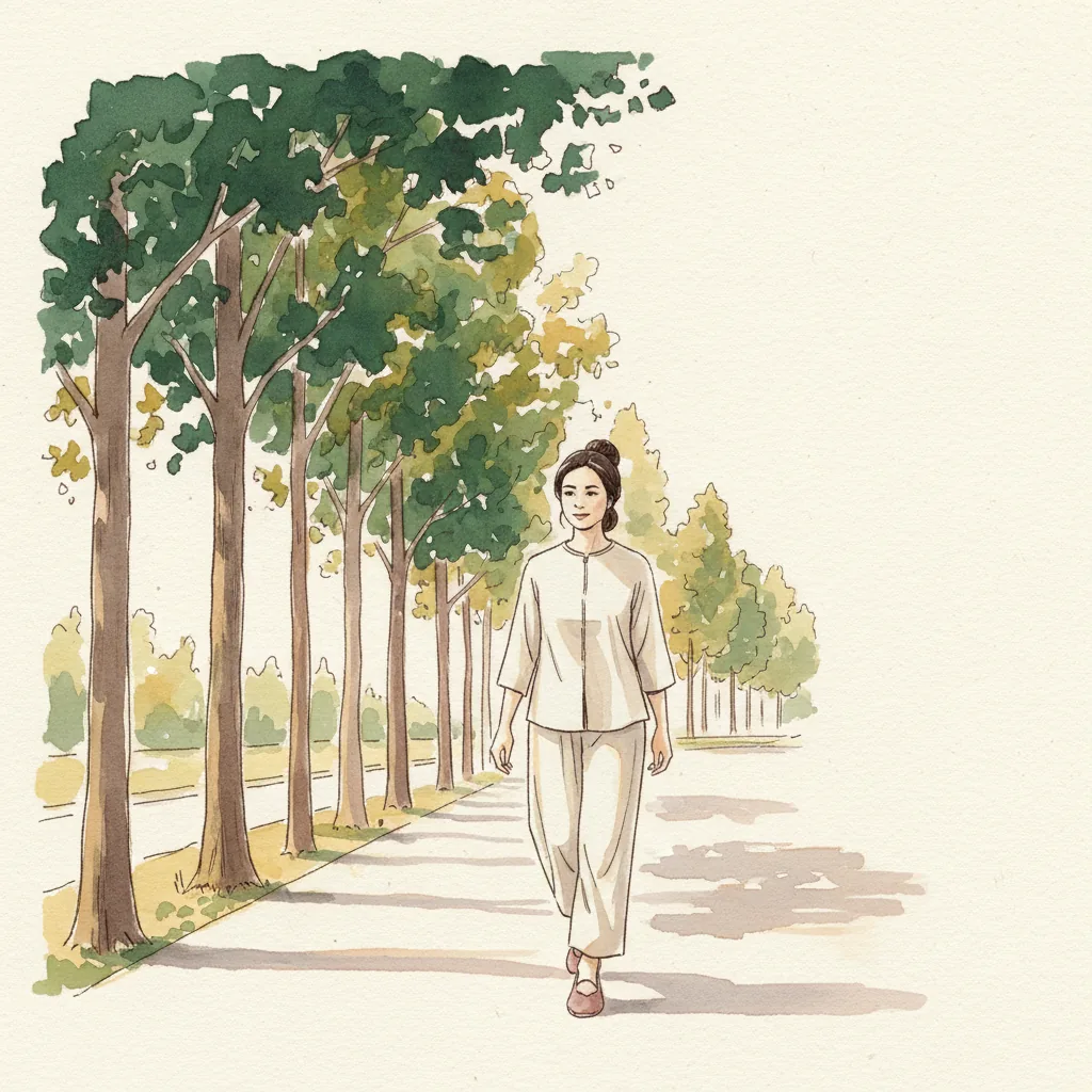 Tranh màu nước: đi bộ trên lối đi hàng cây trong công viên, dáng thẳng