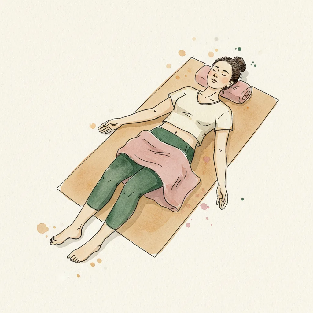 Tranh màu nước: nằm ngửa trên thảm, hai tay hơi tách khỏi thân, lòng bàn tay ngửa, gối cuộn kê dưới đầu và chăn phủ ngang hông