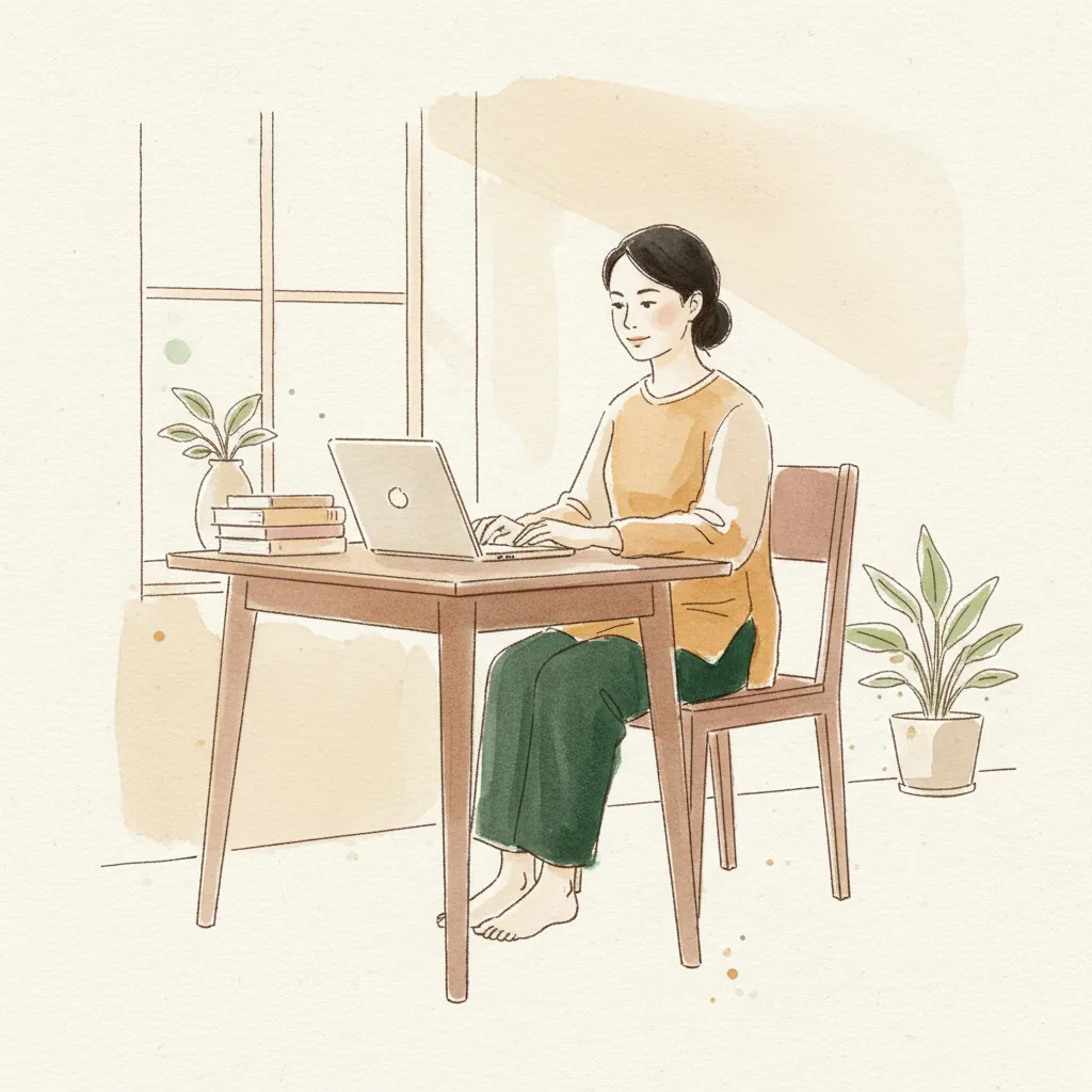 Tranh màu nước: ngồi làm việc thẳng lưng, màn hình ngang tầm mắt, hai chân đặt sàn